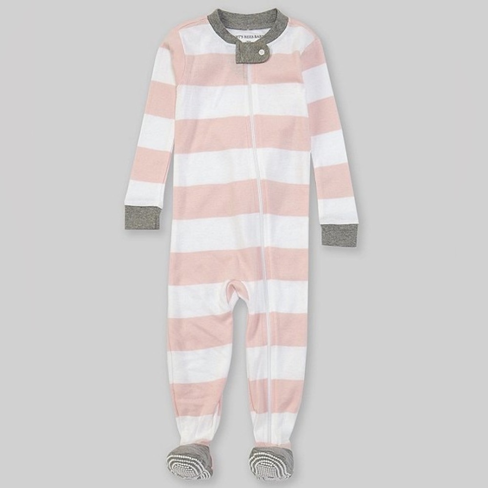 NWT Burt's Bees Baby 24 MLong-Sleeve Stripe Footed Onesie Pajama Pink and White